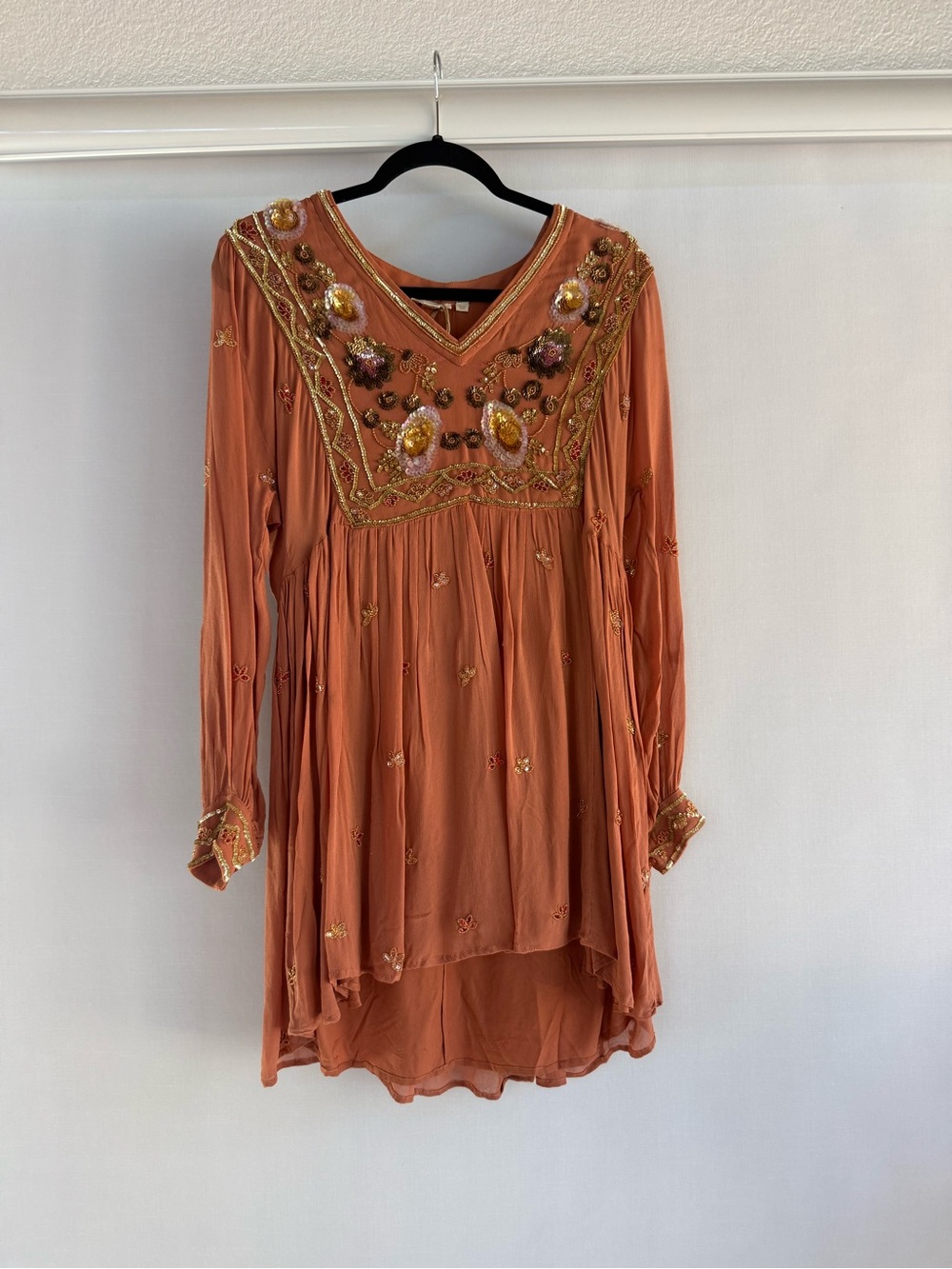 Anthropologie Beaded Rust Orange V-Neck Long-Sleeve Dress